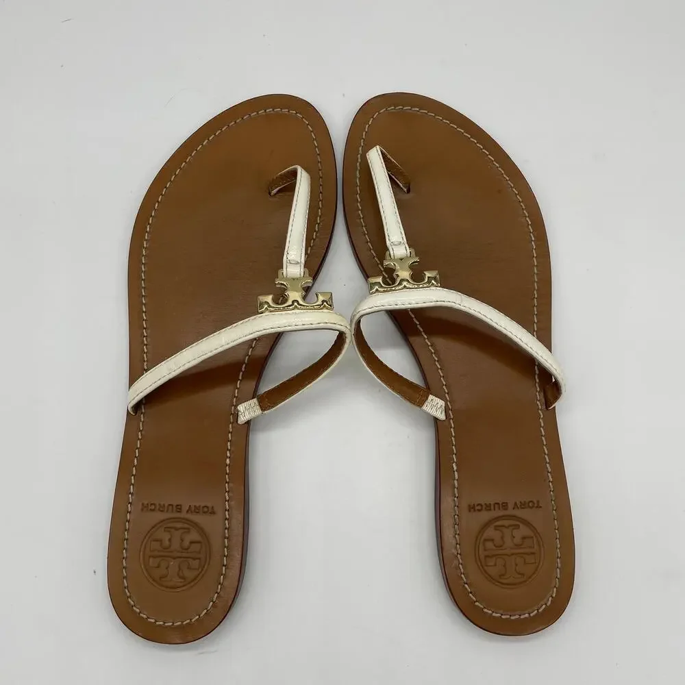 Tory Burch 'T' Logo Leather Thong Sandal - White - 9